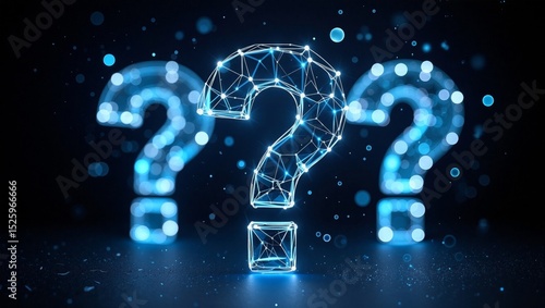 Conceptual Image of Three Glowing Question Marks Against a Dark Background with Particles