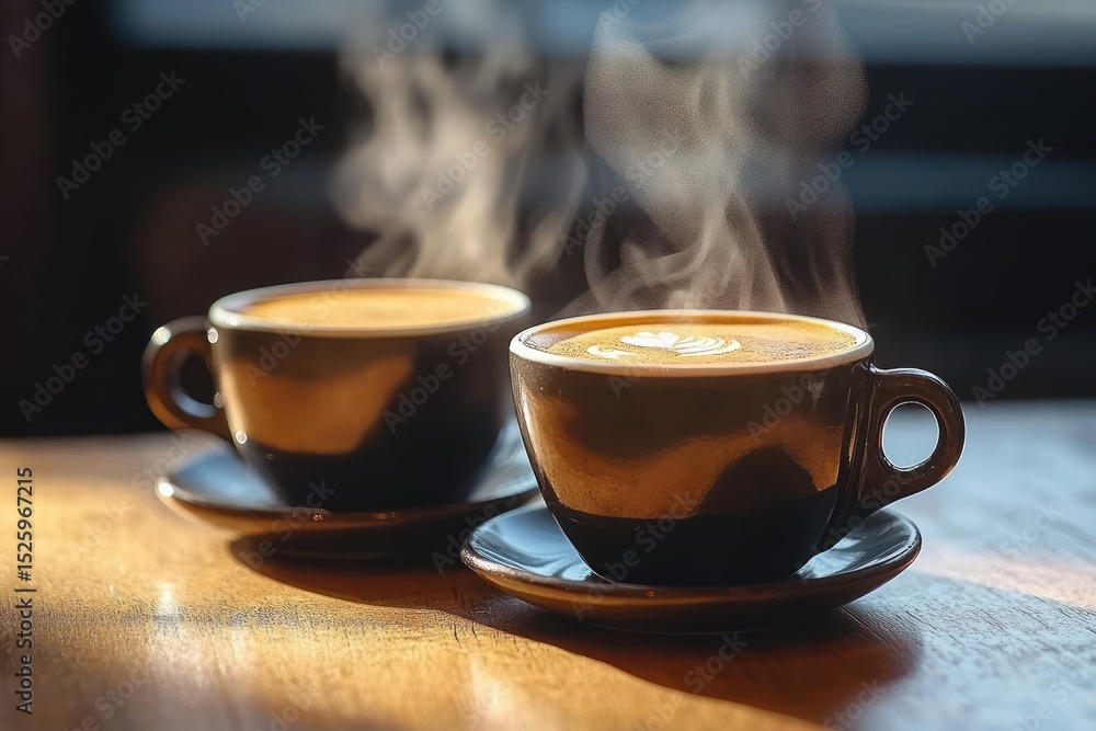 Fototapeta premium Two steaming hot coffee cups on saucers placed on a wooden table with natural warm light casting shadows