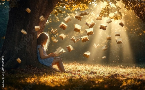Young girl sitting under a large tree reading a book with numerous open books flying around her in a sunlit autumn forest clearing