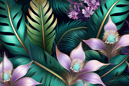 Luxury exotic floral pattern with purple orchids and gold accents