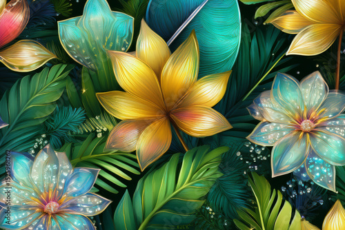 Magical glowing fantasy floral seamless pattern with dew drops