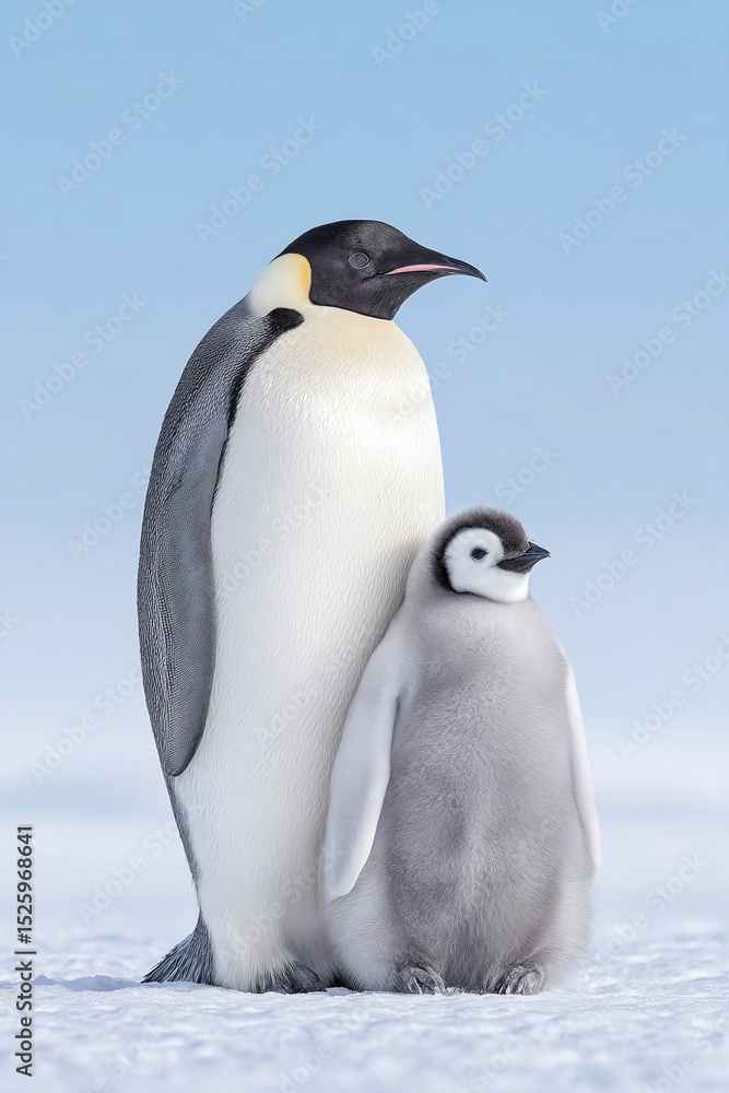 Fototapeta premium Emperor Penguin Parent and Chick in the Snow