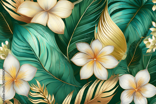 Elegant tropical pattern with white plumeria and gold leaves