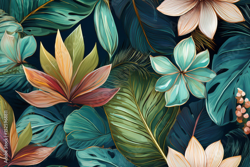 Elegant tropical seamless pattern in muted earth tones with gold accents
