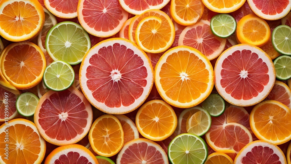 Fototapeta premium Fresh Citrus Fruit Slices Assortment of Grapefruit Orange and Lime Vibrant Color Display