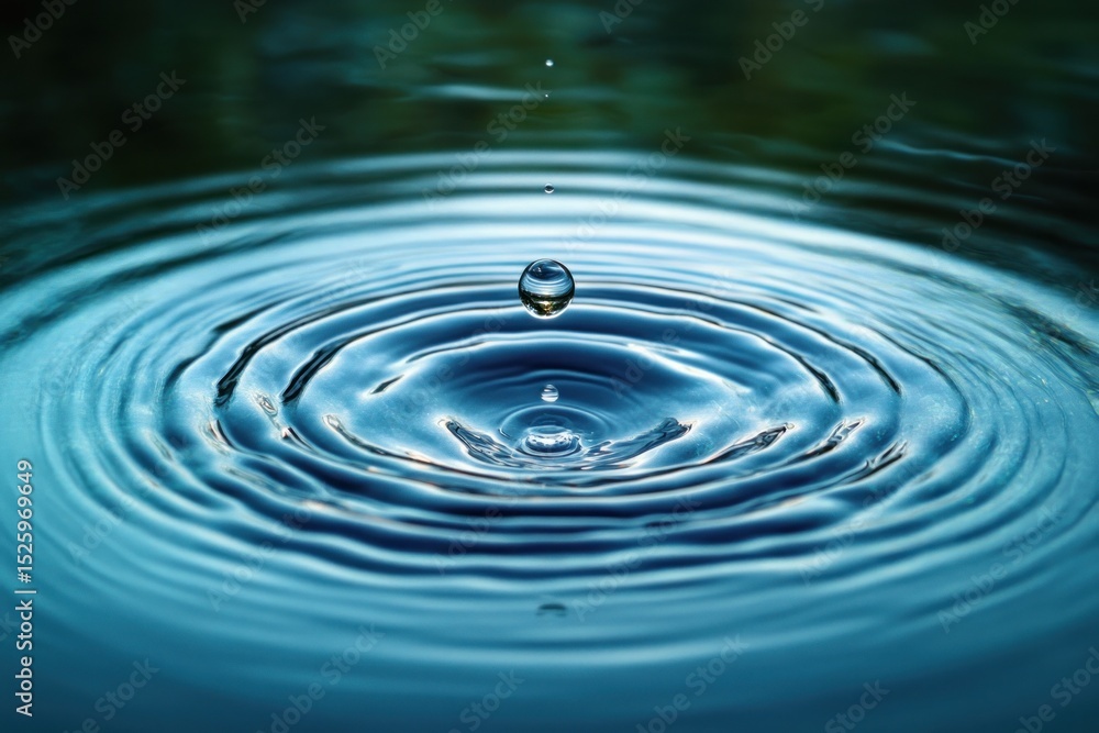 Close-up of a water droplet creating concentric ripples on a calm water surface, evoking a sense of tranquility and focus Close-up of a water droplet creating concentric ripples on a calm water surface, evoking a sense of tranquility and focus