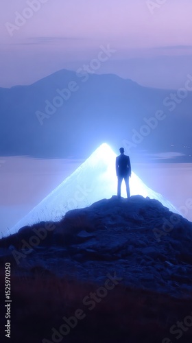 Silhouetted figure on mountaintop, glowing light