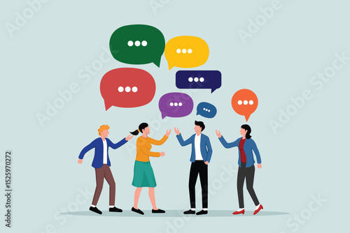 Discussion, conversation or brainstorming for an idea, team communication, coworkers chatting, opinion concept, business team coworkers discussing work in a meeting with speech bubbles.