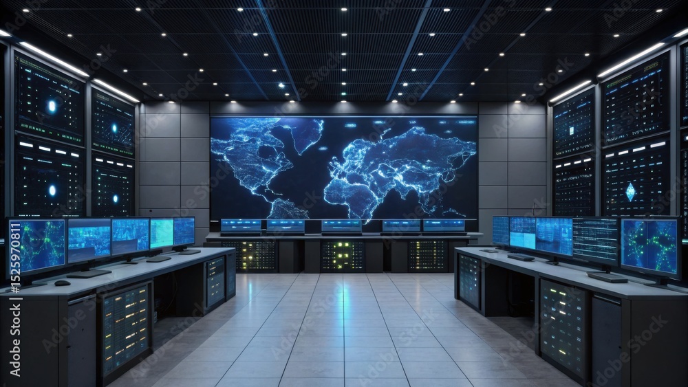 A high-tech control room with multiple monitors displays global data and digital maps, featuring advanced technology and network monitoring. A high-tech control room with multiple monitors displays global data and digital maps, featuring advanced technology and network monitoring.