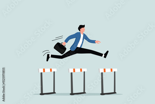 Success to win in business competition, overcoming obstacles, corporate achievement concept, confident business leader jumps high over 3 obstacles to become a winner.