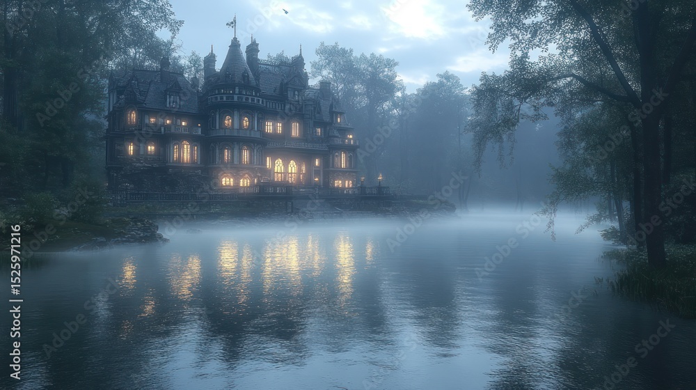 Fototapeta premium Enchanted Lake Mansion: A Mystical Twilight