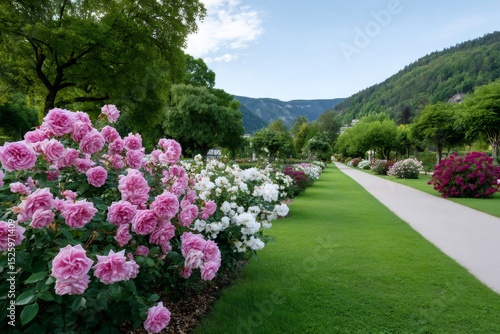 Rose garden blooming with pink and white flowers bordering a gravel path in a public park
