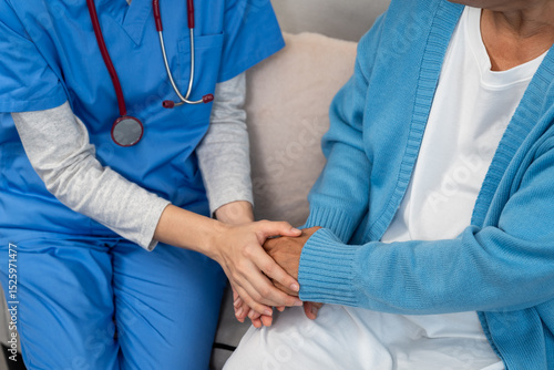 Cuadro en lienzo Close-up of young Asian nurse gently holding hand of elderly Asian patient on sofa