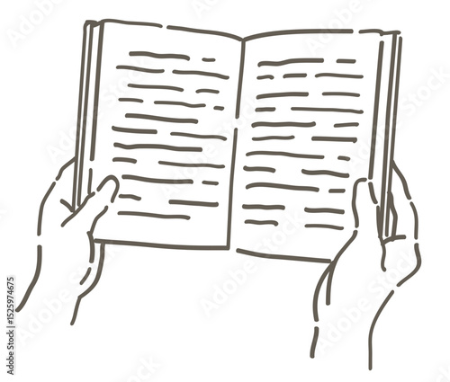 本を読んでいるシーンのイラスト。手と本。シンプルタッチ、ベクターイラスト素材。