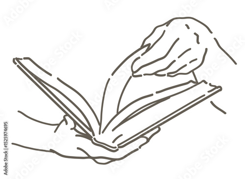 本を読んでいるシーンのイラスト。手と本。シンプルタッチ、ベクターイラスト素材。