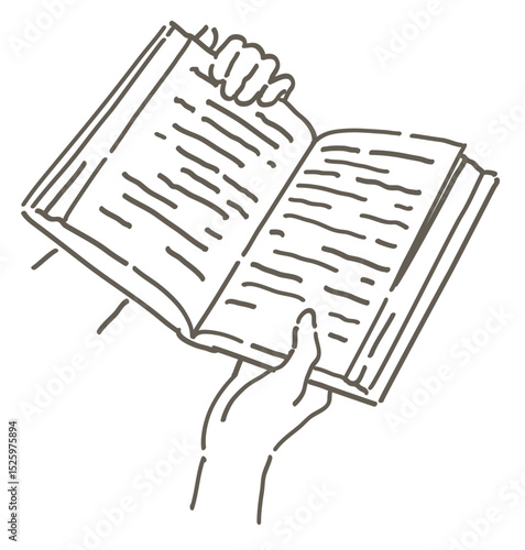 本を読んでいるシーンのイラスト。手と本。シンプルタッチ、ベクターイラスト素材。