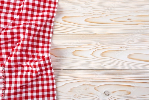 Red and White Checkered Tablecloth Mockup on Wooden Table Rustic Kitchen Decor