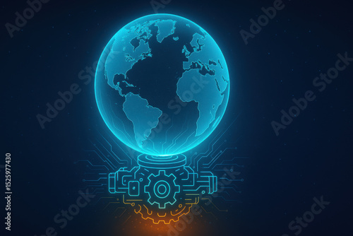 Glowing Earth within neon mechanism symbolizes fusion of technology and planet. This captivating image showcases digital representation of globe, surrounded by intricate circuitry, evoking sense
