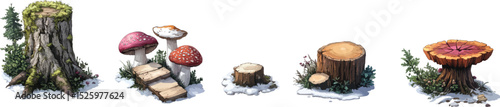 Cartoon Tree Stumps with Snow and Plants
