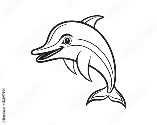 A black and white line drawing of a full dolphin in profile view isolated on transparent background, PNG
