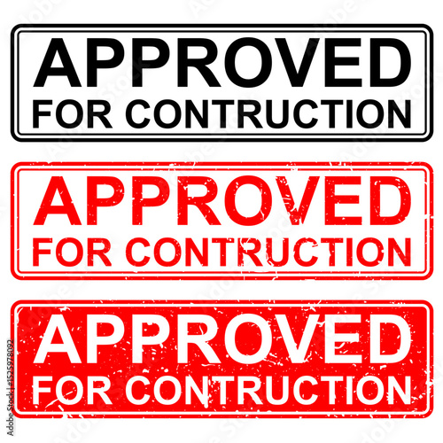 Approved for construction grunge stamped vector, a bold, distressed mark indicating project clearance. Ideal for industrial, building, or official document themes.