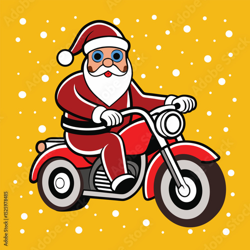 Santa joyfully rides motorcycle across cold, snowy skies with cheer.