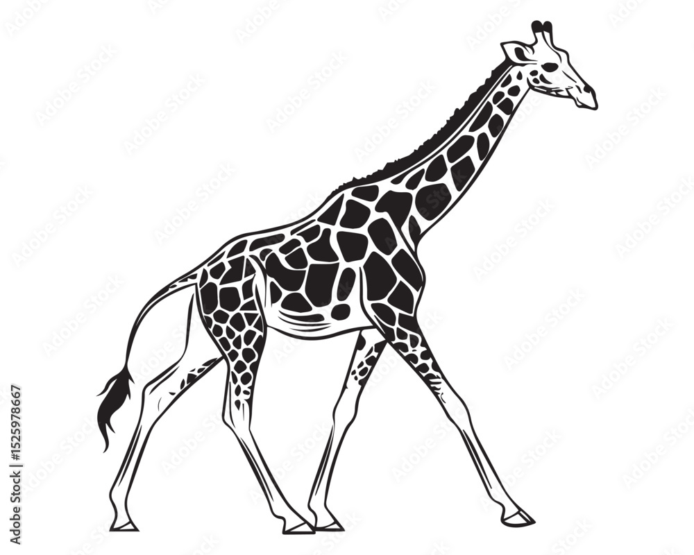 Naklejka premium A black and white line drawing of a full giraffe in profile view isolated on transparent background, PNG 