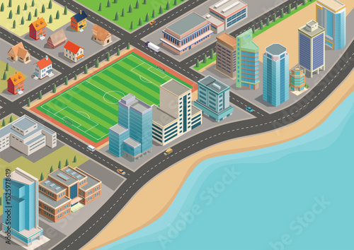 Isometric city map with residential areas and modern buildings