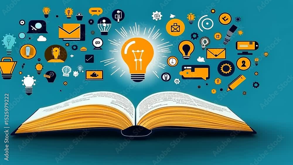 Knowledge Development Animation Vidéo Stock Conceptual learning animation with open book and light bulb ...
