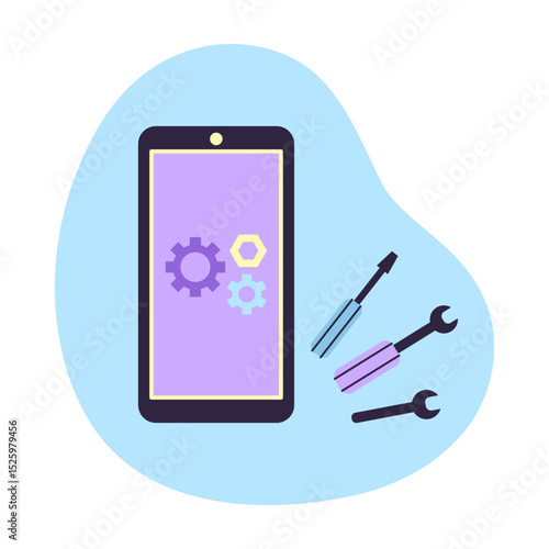 The mobile phone smartphone is located next to the tools, a wrench and a screwdriver. Concept of digital security and technical support. Isolated vector illustration.
