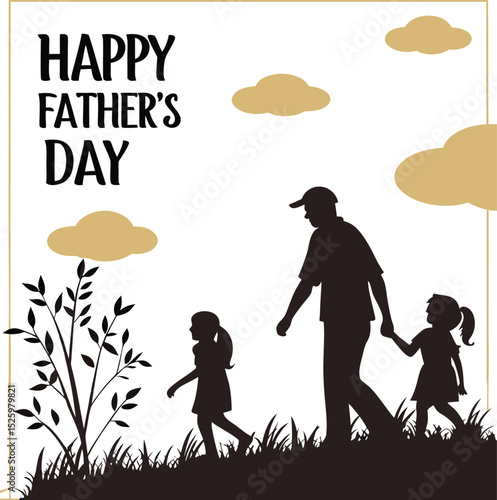 Warm Sunset Father's Day Silhouette Design with Father and Two Daughters