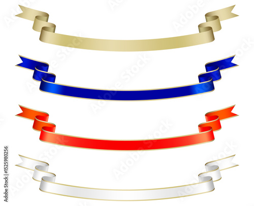 Collection of luxurious long title ribbons with gold edges. Curved banners in gold, blue, red and white.