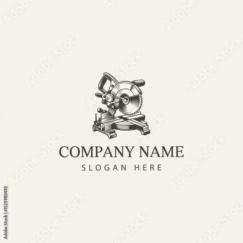 Vintage Engraved Illustration of a Mitre Saw Industrial Tool Logo Design