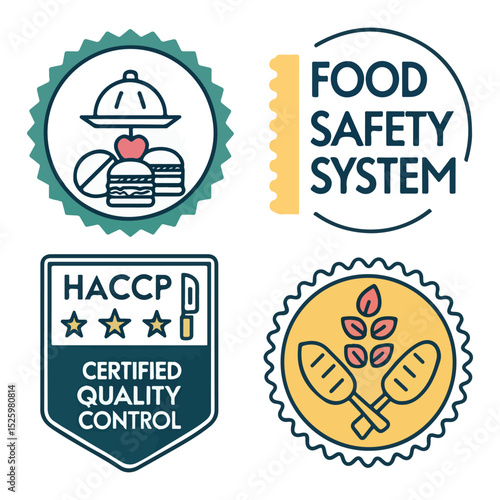 HACCP Hazard Analysis Critical Control Points, Food Safety system, logo, badge, icon, sticker, label, emblem, stamp, symbol, green, golden, flat vector, isolated illustration. HACCP Certified.