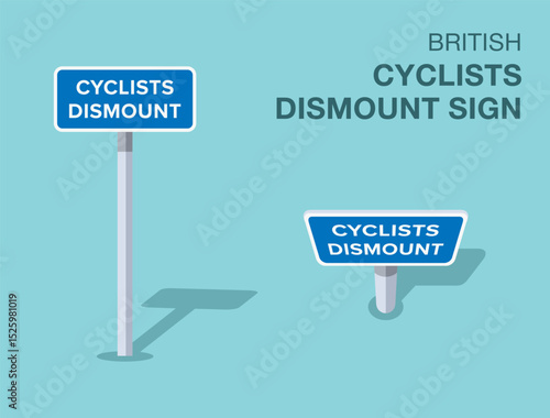 Traffic regulation rules. Isolated British "cyclists dismount" road sign. Front and top view. Flat vector illustration template.