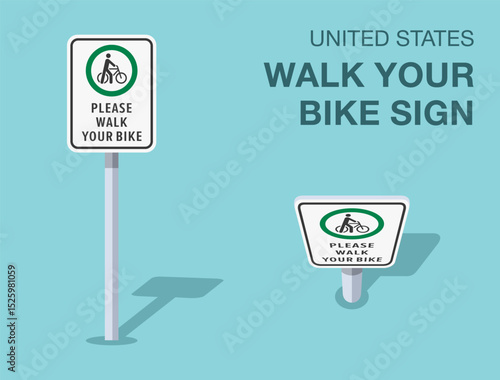 Traffic regulation rules. Isolated United States "please walk your bike" road sign. Front and top view. Flat vector illustration template.