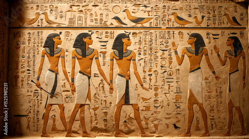 Legacy Carved in Stone: Painted Tomb Relief of Elite Egyptian Figures with Intricate Hieroglyphs Celebrating Ritual, Myth, and Divine Order. 1