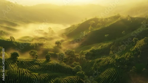 Vibrant tea plantation landscape in the morning sunlight with a misty atmosphere.