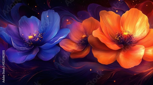 Colorful digital flowers in shades of blue and orange with a dark background. The flowers have intricate details and a soft glow, creating a vibrant atmosphere.