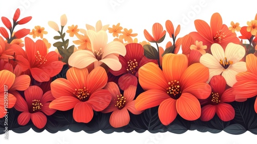A vibrant arrangement of orange and pink flowers with green leaves. The floral design showcases various shapes and sizes, creating a lively and colorful scene.