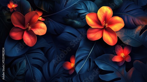 Vibrant tropical flowers bloom against a dark background. The scene features large green leaves and bright orange flowers, creating a striking contrast.