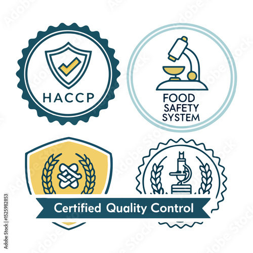 HACCP Hazard Analysis Critical Control Points, Food Safety system, logo, badge, icon, sticker, label, emblem, stamp, symbol, green, golden, flat vector, isolated illustration. HACCP Certified.