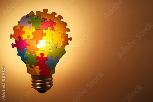 Puzzle pieces forming a light bulb, with soft background and empty space on the side symbolizes mental clarity or awareness.