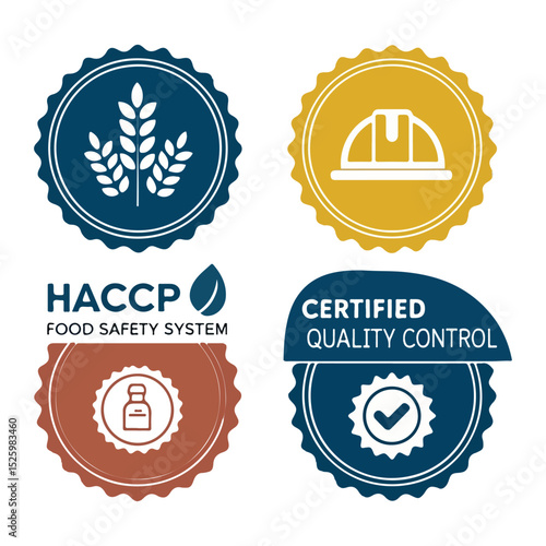 HACCP Hazard Analysis Critical Control Points, Food Safety system, logo, badge, icon, sticker, label, emblem, stamp, symbol, green, golden, flat vector, isolated illustration. HACCP Certified.