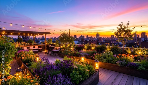 Enchanting Rooftop Garden at Sunset Urban Oasis with City Views