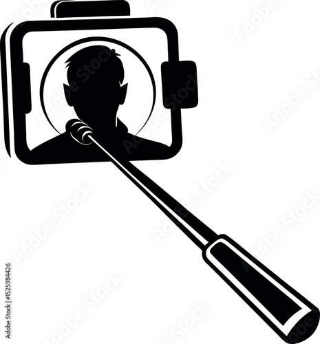 A simple graphic of a selfie stick with a phone vector silhouette