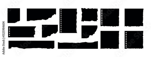 Vector black jagged paper rectangle shapes set isolated on white. Rough torn edge frames collection sticker piece, shred strip, grunge border, text box shapes.