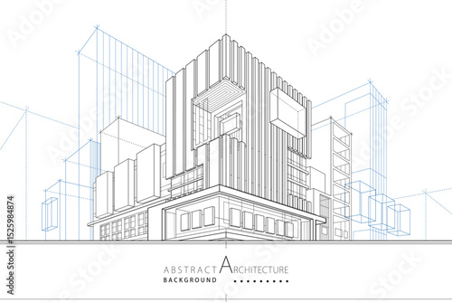 3D illustration abstract urban building out-line drawing of imagination architecture building construction design.