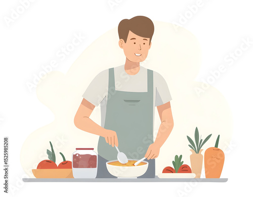 Cheerful man in apron preparing healthy homemade meal with fresh vegetables