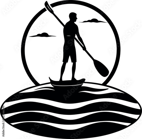 Silhouette of a paddleboarder in a circular frame with stylized water 